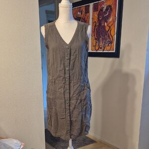 Old Navy Olive Green 100% Cotton Midi Dress Buttons 2 Pockets Sleeveless Vneck